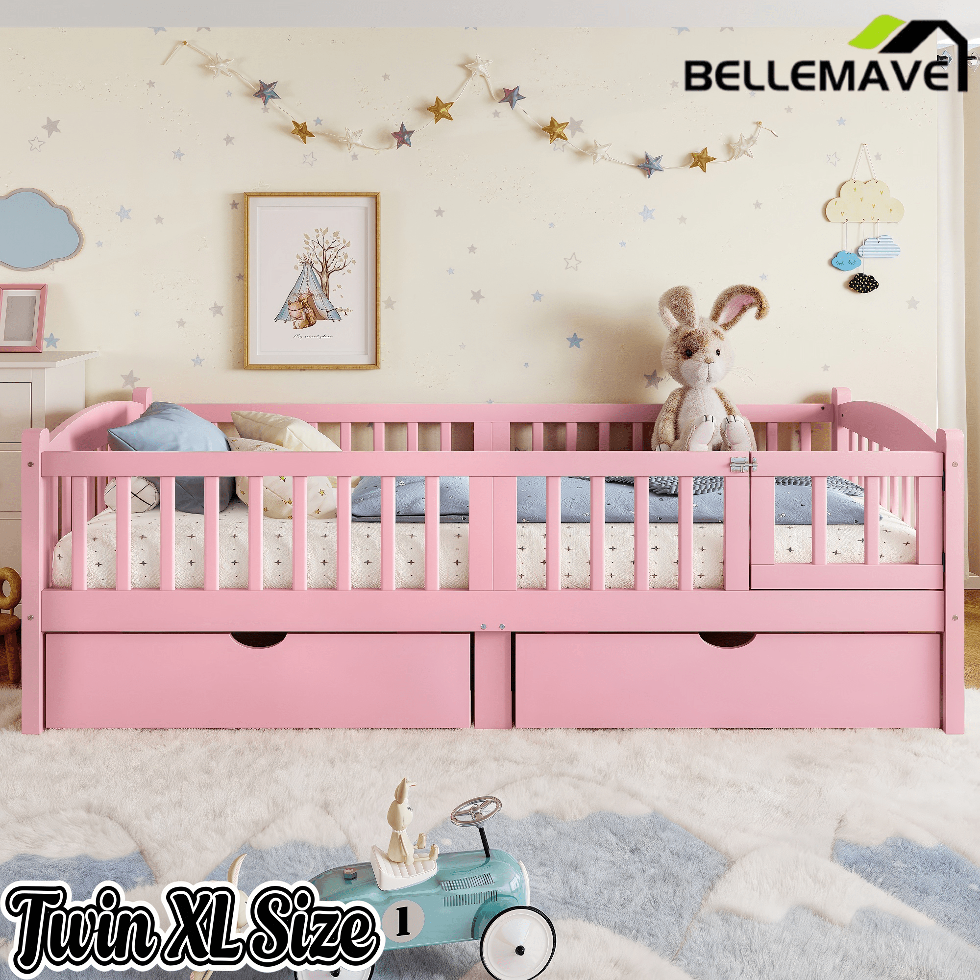 Bellemave® Twin Platform Bed with Full - Length Guardrails & Storage Drawers, Kids Low Bed with Cute Headboard, No Box Spring Needed, White - Bellemave