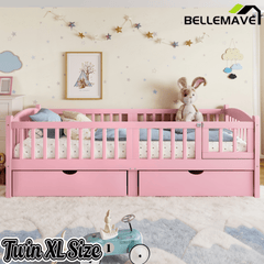 Bellemave® Twin Platform Bed with Full - Length Guardrails & Storage Drawers, Kids Low Bed with Cute Headboard, No Box Spring Needed, White - Bellemave