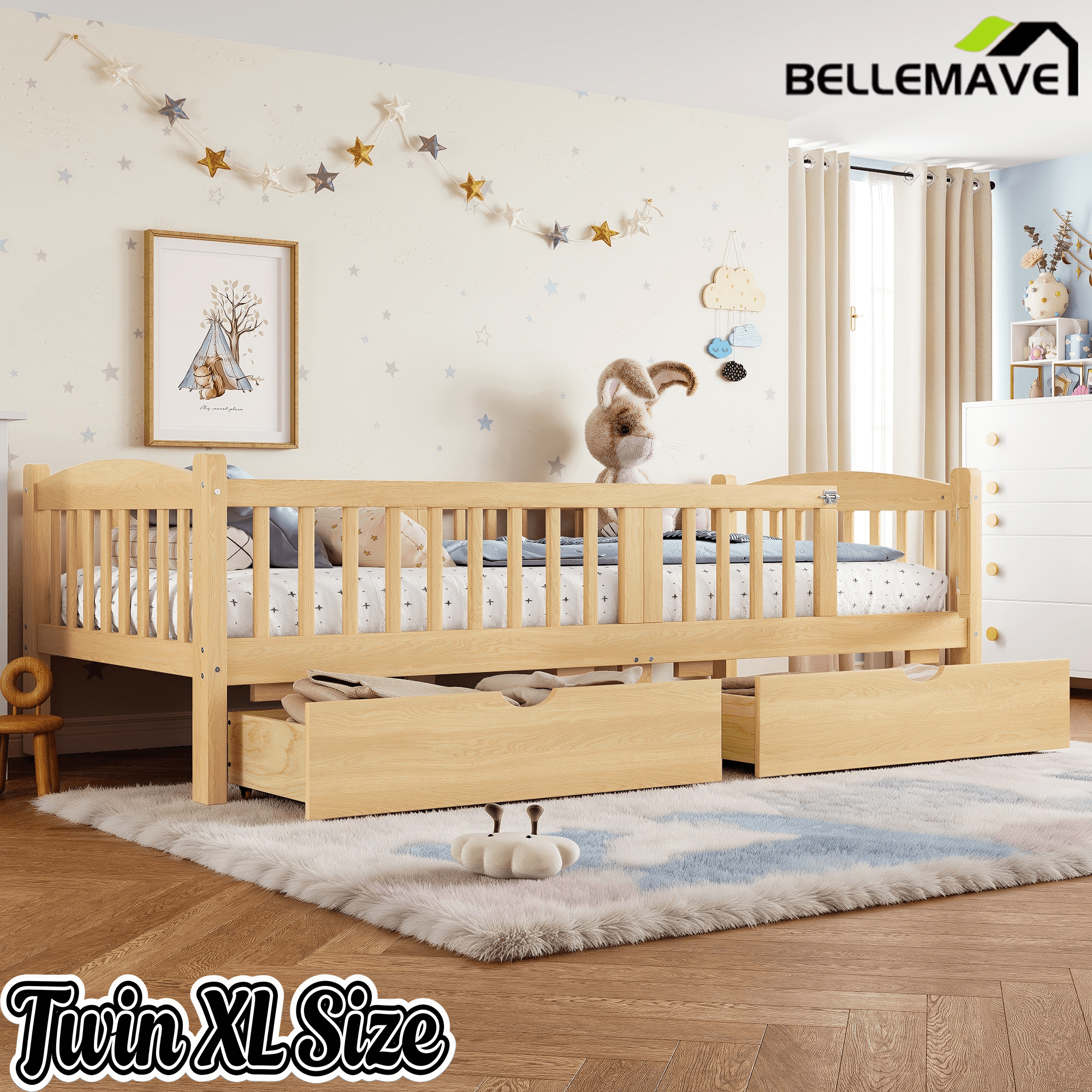 Bellemave® Twin Platform Bed with Full - Length Guardrails & Storage Drawers, Kids Low Bed with Cute Headboard, No Box Spring Needed, White - Bellemave
