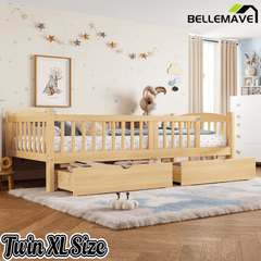 Bellemave® Twin Platform Bed with Full - Length Guardrails & Storage Drawers, Kids Low Bed with Cute Headboard, No Box Spring Needed, White - Bellemave