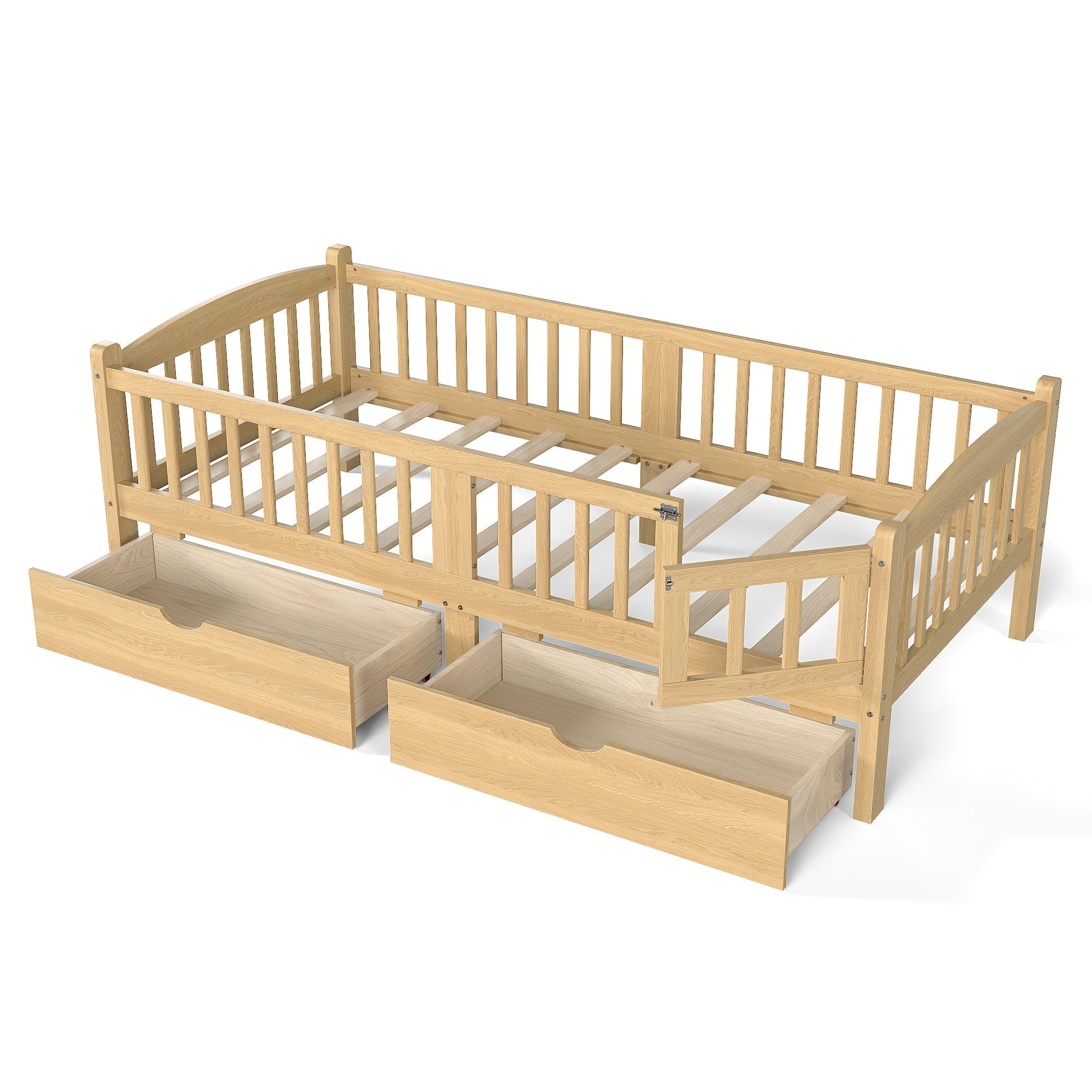 Bellemave® Twin Platform Bed with Full - Length Guardrails & Storage Drawers, Kids Low Bed with Cute Headboard, No Box Spring Needed, White - Bellemave
