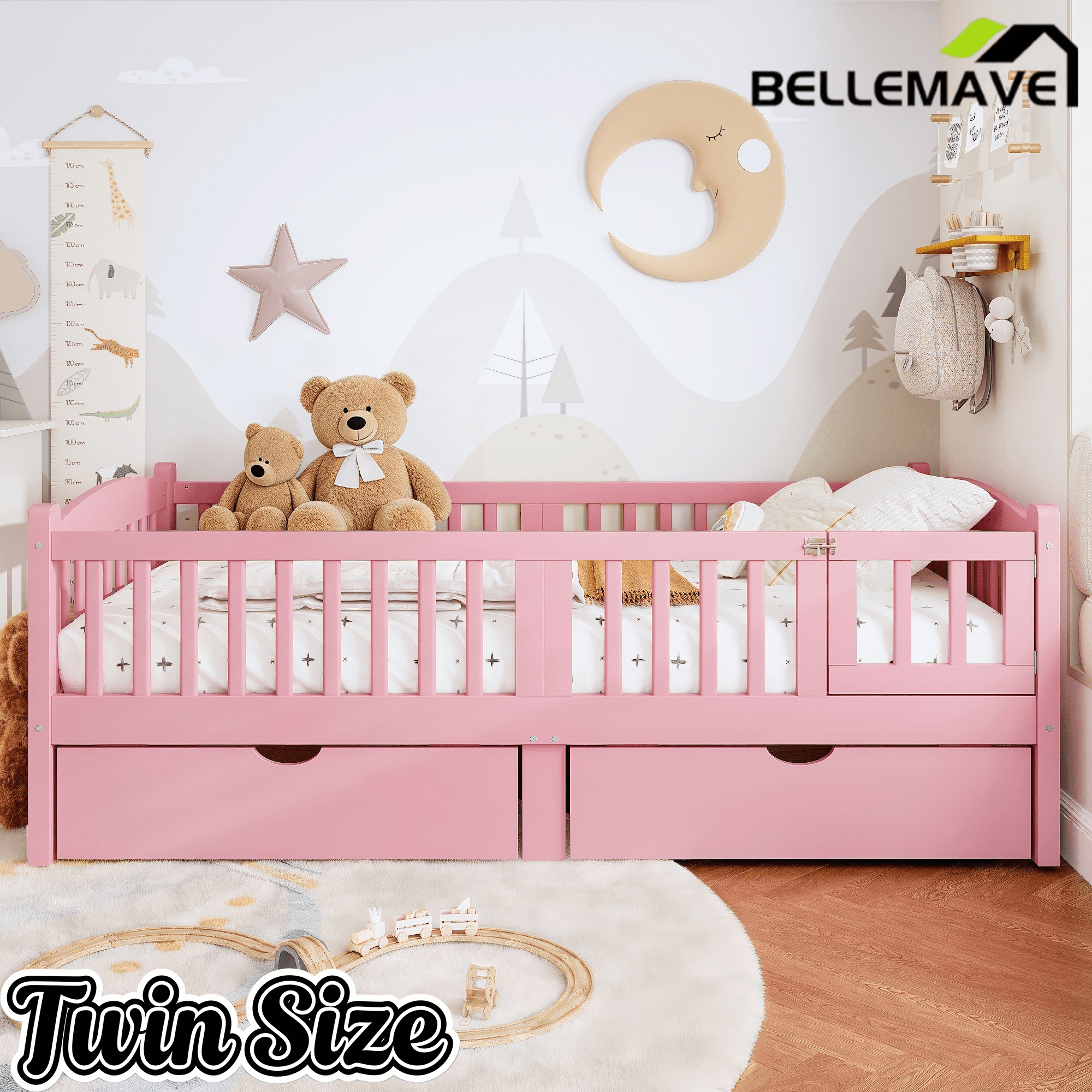 Bellemave® Twin Platform Bed with Full - Length Guardrails & Storage Drawers, Kids Low Bed with Cute Headboard, No Box Spring Needed, White - Bellemave