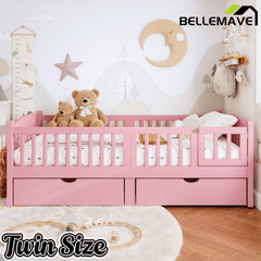 Bellemave® Twin Platform Bed with Full - Length Guardrails & Storage Drawers, Kids Low Bed with Cute Headboard, No Box Spring Needed, White - Bellemave