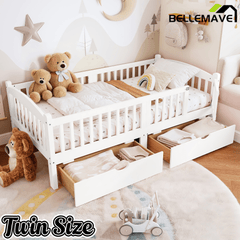 Bellemave® Twin Platform Bed with Full - Length Guardrails & Storage Drawers, Kids Low Bed with Cute Headboard, No Box Spring Needed, White - Bellemave