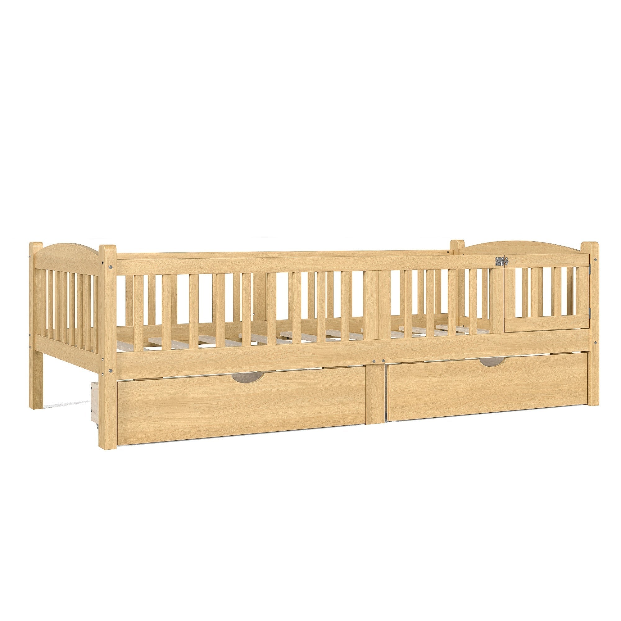 Bellemave® Twin Platform Bed with Full - Length Guardrails & Storage Drawers, Kids Low Bed with Cute Headboard, No Box Spring Needed, White - Bellemave
