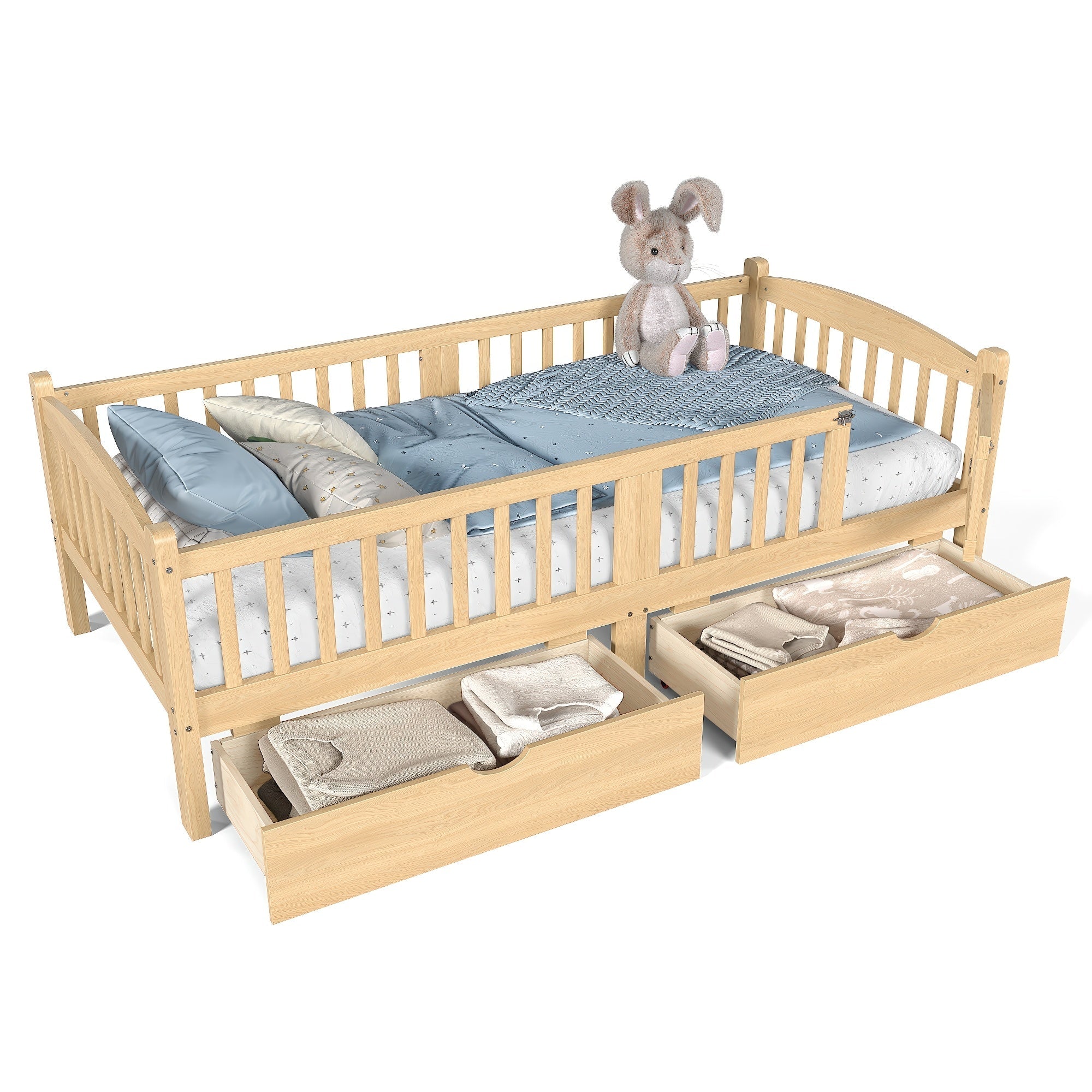 Bellemave® Twin Platform Bed with Full - Length Guardrails & Storage Drawers, Kids Low Bed with Cute Headboard, No Box Spring Needed, White - Bellemave