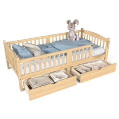 Bellemave® Twin Platform Bed with Full - Length Guardrails & Storage Drawers, Kids Low Bed with Cute Headboard, No Box Spring Needed, White - Bellemave