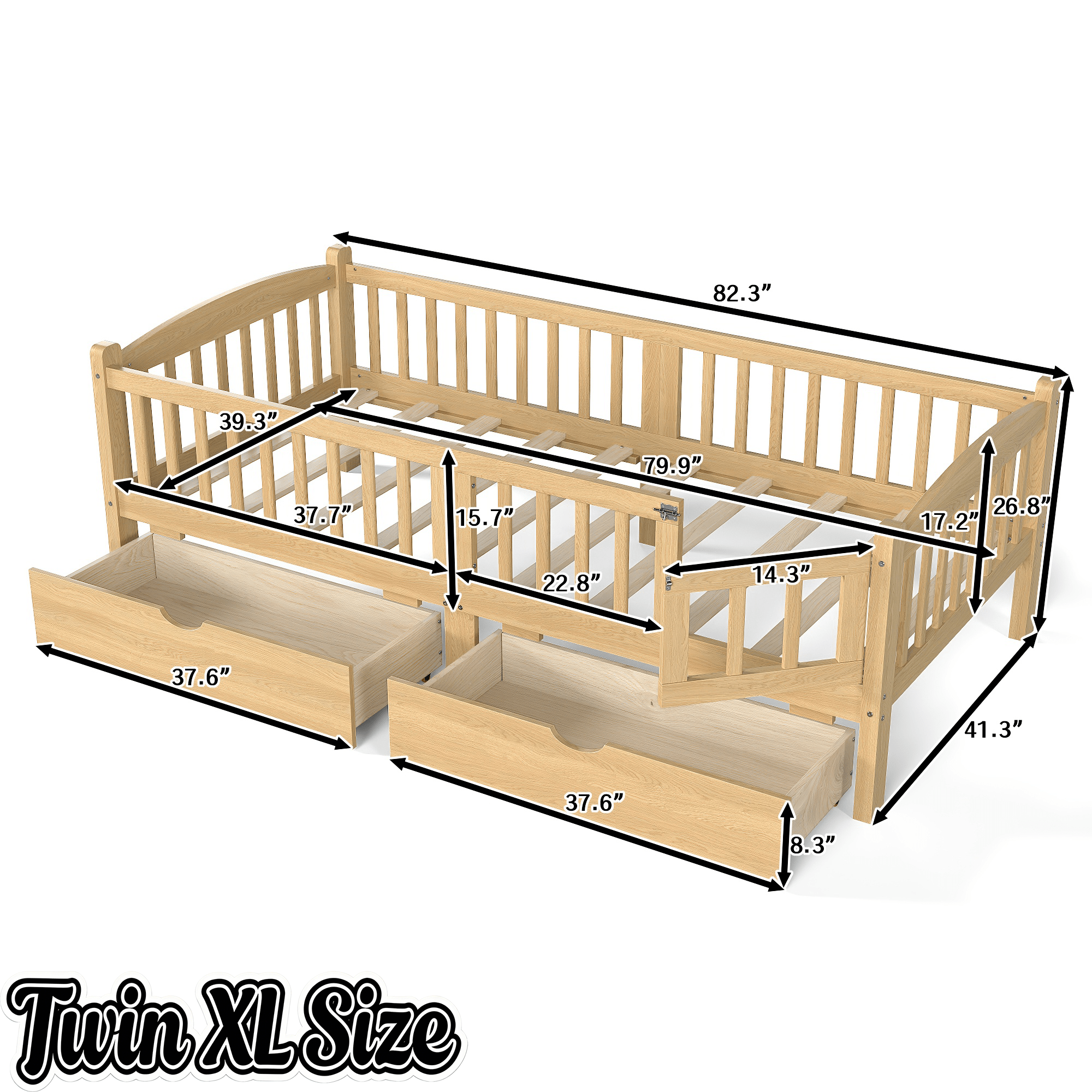 Bellemave® Twin Platform Bed with Full - Length Guardrails & Storage Drawers, Kids Low Bed with Cute Headboard, No Box Spring Needed, White - Bellemave
