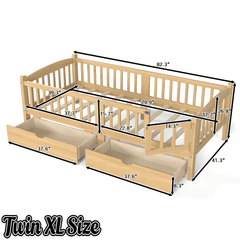 Bellemave® Twin Platform Bed with Full - Length Guardrails & Storage Drawers, Kids Low Bed with Cute Headboard, No Box Spring Needed, White - Bellemave
