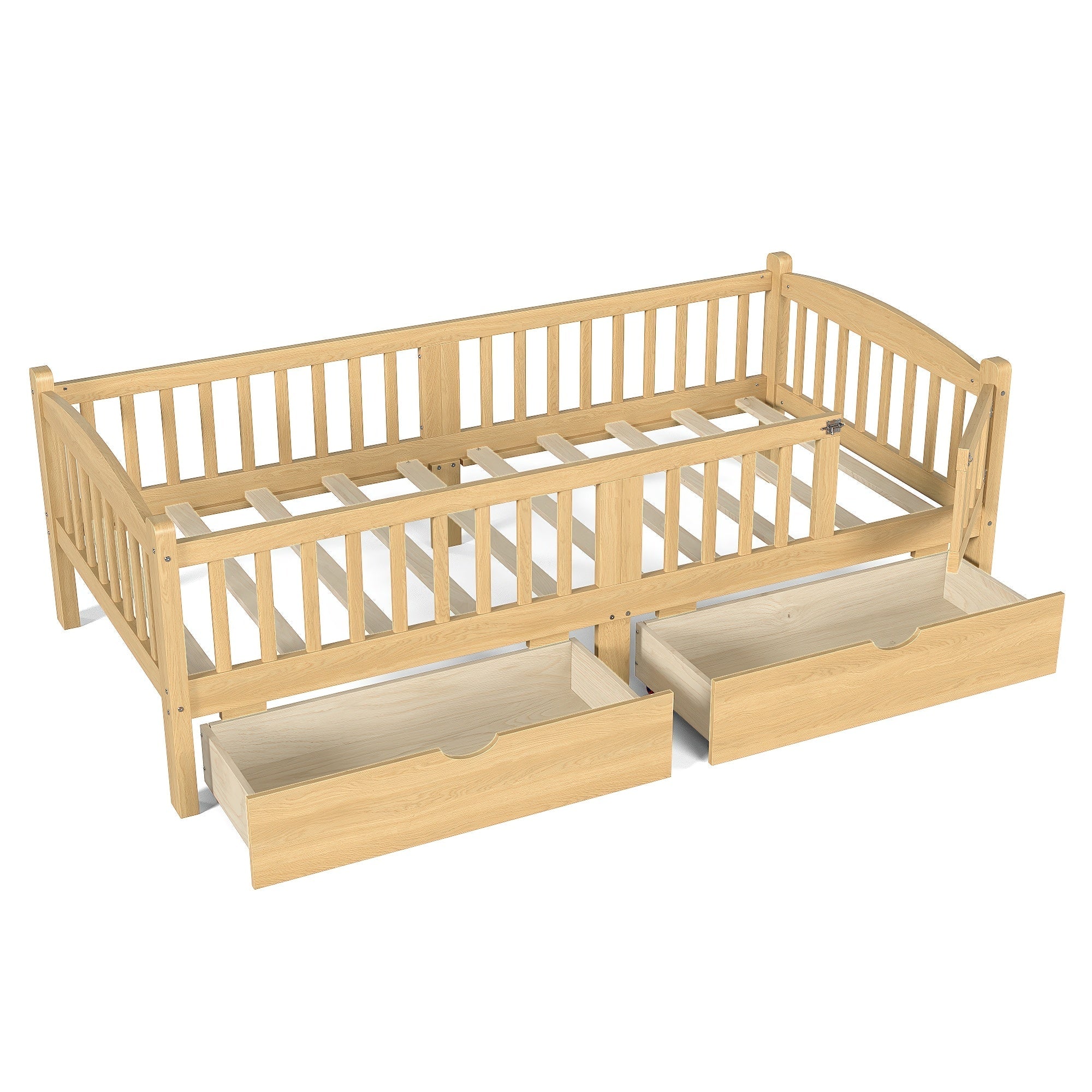Bellemave® Twin Platform Bed with Full - Length Guardrails & Storage Drawers, Kids Low Bed with Cute Headboard, No Box Spring Needed, White - Bellemave