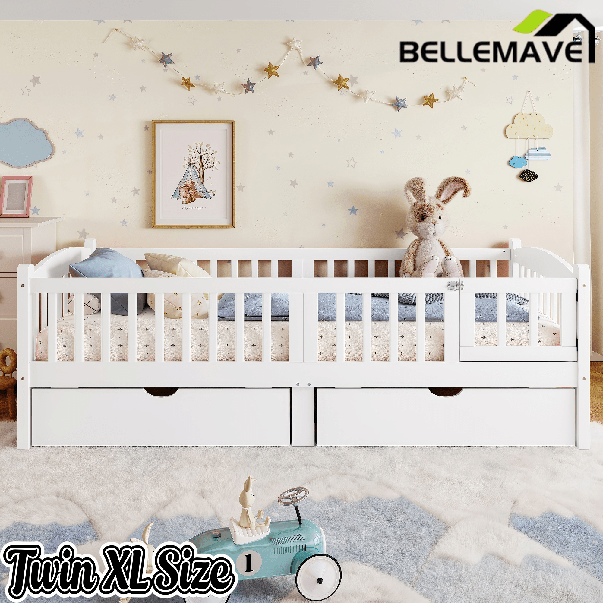 Bellemave® Twin Platform Bed with Full - Length Guardrails & Storage Drawers, Kids Low Bed with Cute Headboard, No Box Spring Needed, White - Bellemave