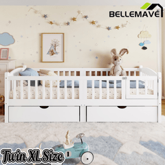 Bellemave® Twin Platform Bed with Full - Length Guardrails & Storage Drawers, Kids Low Bed with Cute Headboard, No Box Spring Needed, White - Bellemave