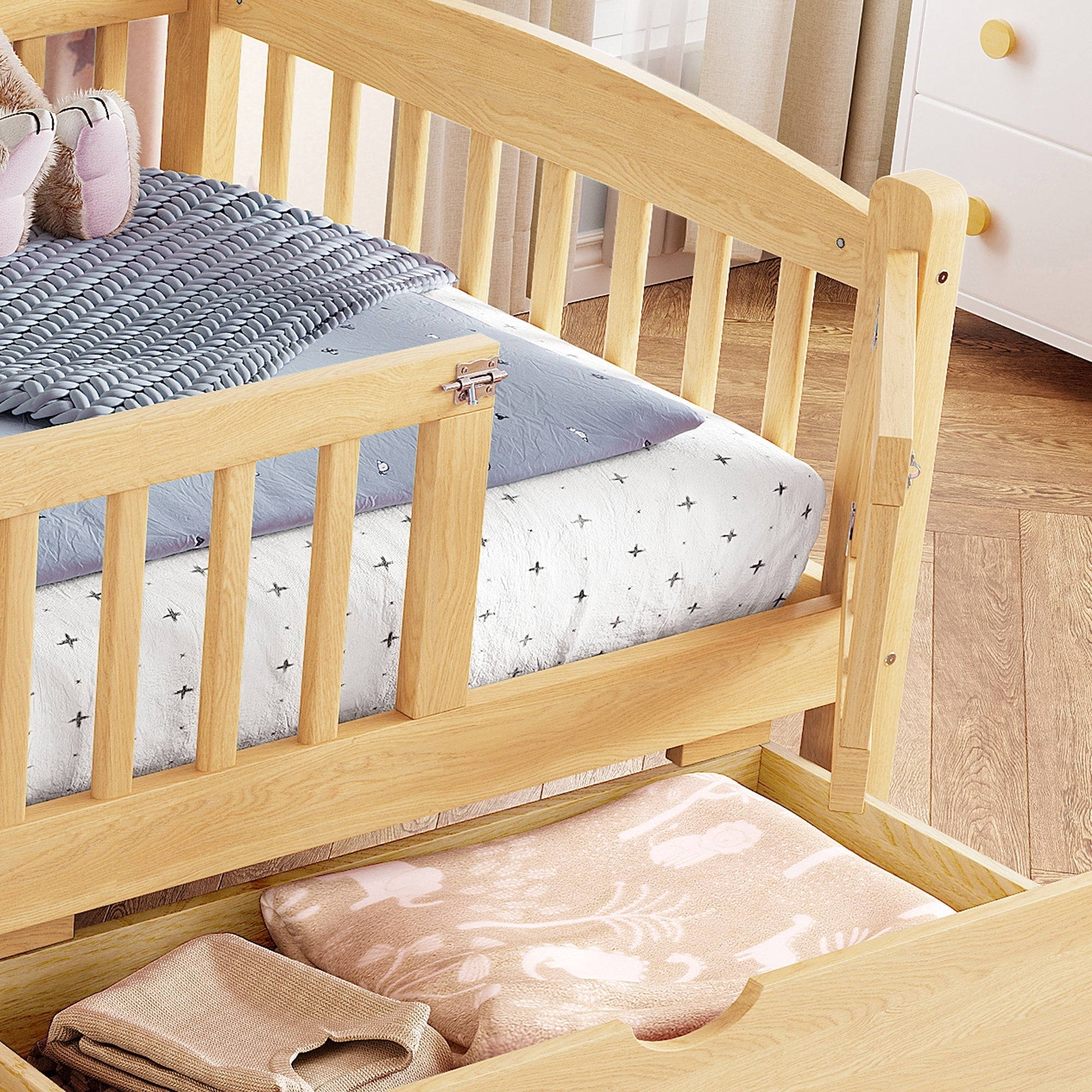 Bellemave® Twin Platform Bed with Full - Length Guardrails & Storage Drawers, Kids Low Bed with Cute Headboard, No Box Spring Needed, White - Bellemave