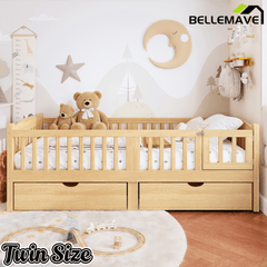 Bellemave® Twin Platform Bed with Full - Length Guardrails & Storage Drawers, Kids Low Bed with Cute Headboard, No Box Spring Needed, White - Bellemave