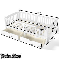 Bellemave® Twin Platform Bed with Full - Length Guardrails & Storage Drawers, Kids Low Bed with Cute Headboard, No Box Spring Needed, White - Bellemave