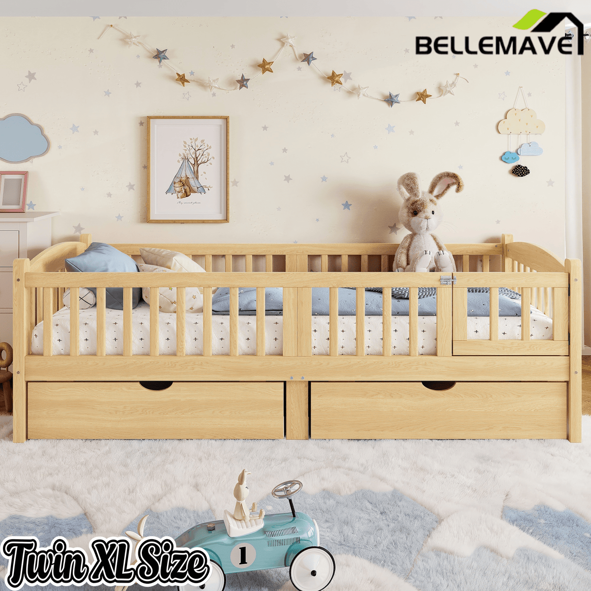Bellemave® Twin Platform Bed with Full - Length Guardrails & Storage Drawers, Kids Low Bed with Cute Headboard, No Box Spring Needed, White - Bellemave
