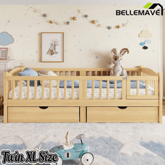 Bellemave® Twin Platform Bed with Full - Length Guardrails & Storage Drawers, Kids Low Bed with Cute Headboard, No Box Spring Needed, White - Bellemave