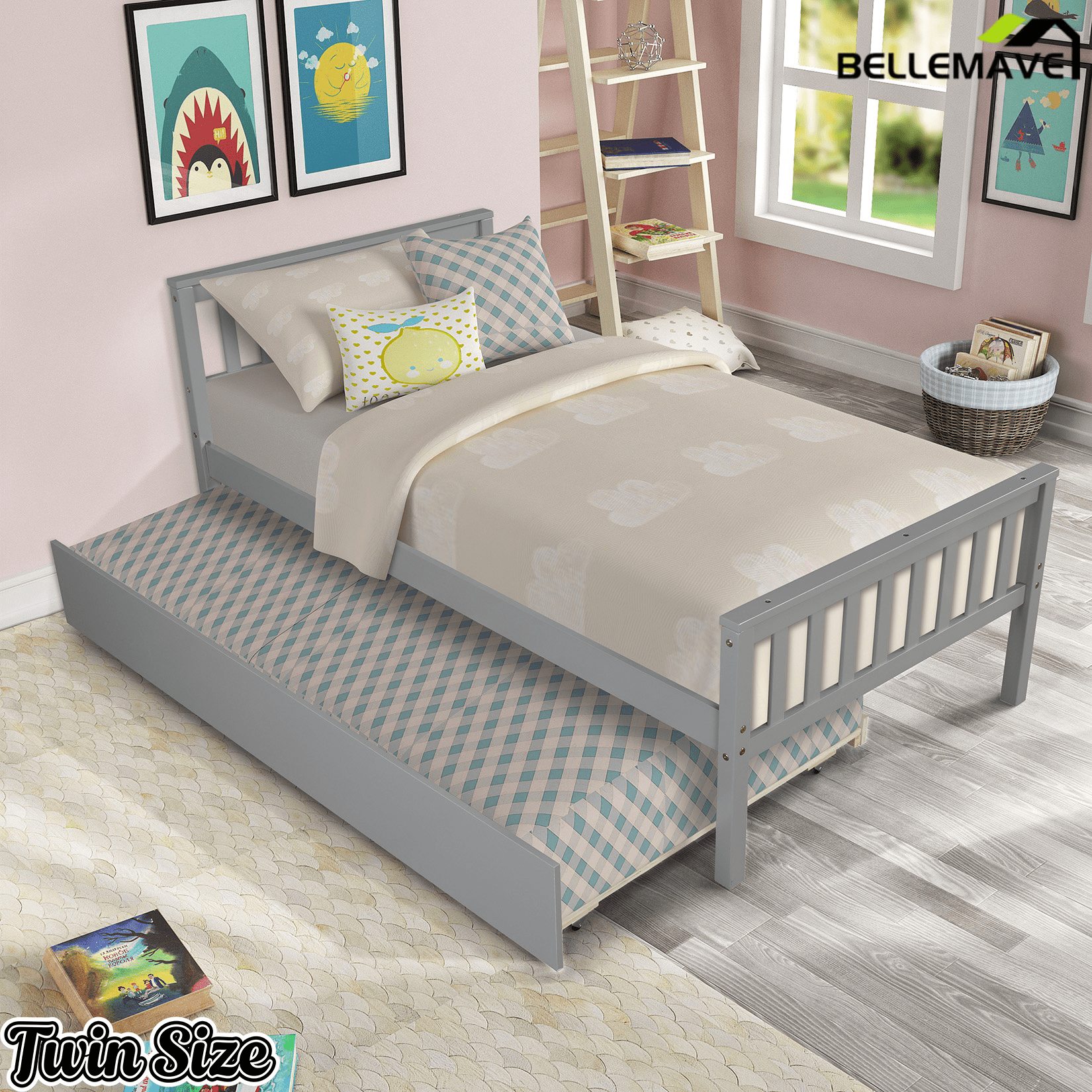 Bellemave® Twin Platform Bed with Pull - Out Trundle | Solid Rubber Wood, Slatted Headboard - Bellemave