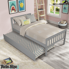 Bellemave® Twin Platform Bed with Pull - Out Trundle | Solid Rubber Wood, Slatted Headboard - Bellemave