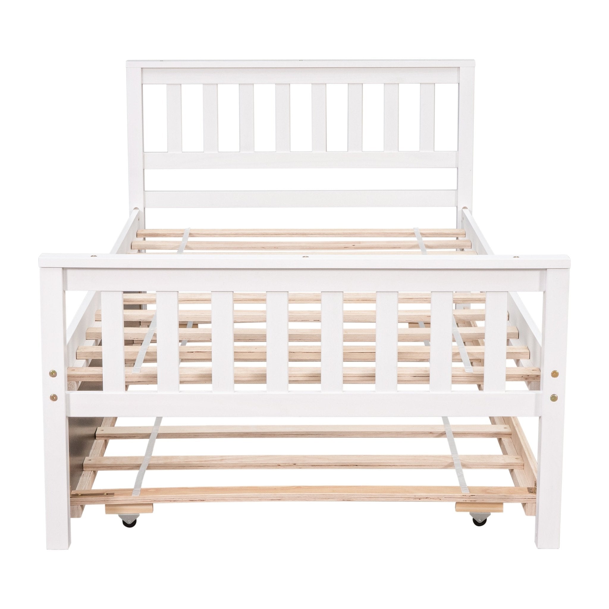 Bellemave® Twin Platform Bed with Pull - Out Trundle | Solid Rubber Wood, Slatted Headboard - Bellemave
