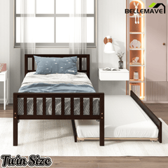 Bellemave® Twin Platform Bed with Pull - Out Trundle | Solid Rubber Wood, Slatted Headboard - Bellemave