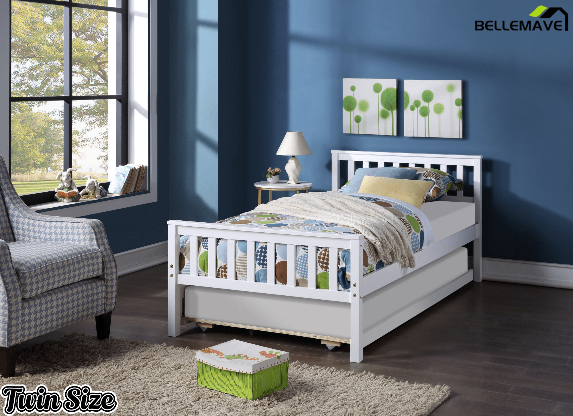 Bellemave® Twin Platform Bed with Pull - Out Trundle | Solid Rubber Wood, Slatted Headboard - Bellemave