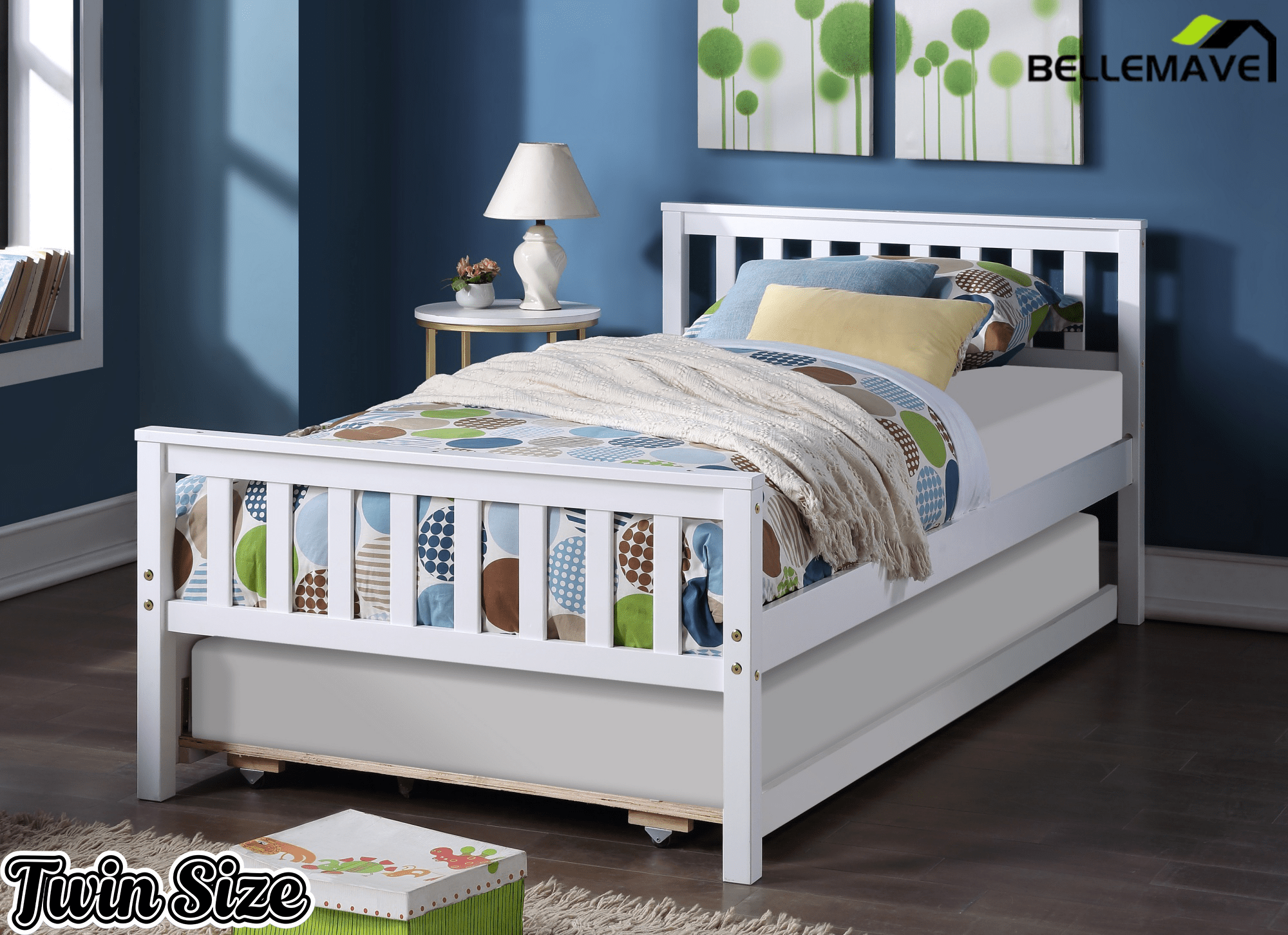 Bellemave® Twin Platform Bed with Pull - Out Trundle | Solid Rubber Wood, Slatted Headboard - Bellemave