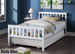 Bellemave® Twin Platform Bed with Pull - Out Trundle | Solid Rubber Wood, Slatted Headboard - Bellemave