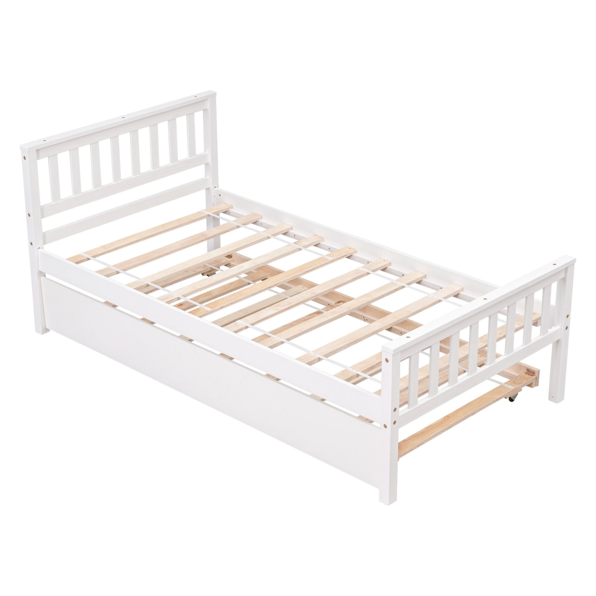 Bellemave® Twin Platform Bed with Pull - Out Trundle | Solid Rubber Wood, Slatted Headboard - Bellemave