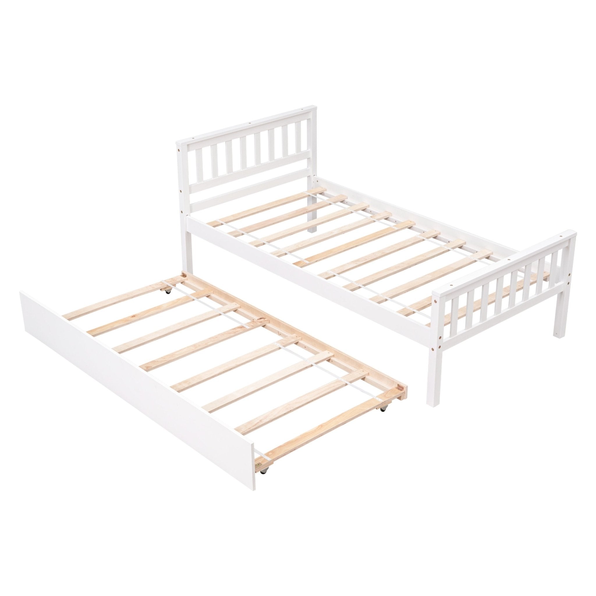 Bellemave® Twin Platform Bed with Pull - Out Trundle | Solid Rubber Wood, Slatted Headboard - Bellemave