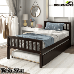 Bellemave® Twin Platform Bed with Pull - Out Trundle | Solid Rubber Wood, Slatted Headboard - Bellemave