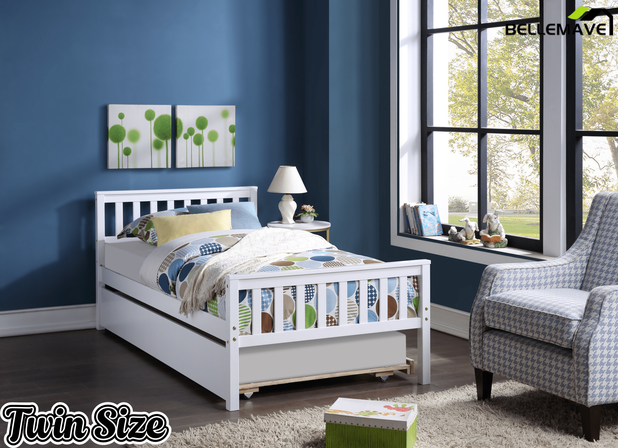 Bellemave® Twin Platform Bed with Pull - Out Trundle | Solid Rubber Wood, Slatted Headboard - Bellemave