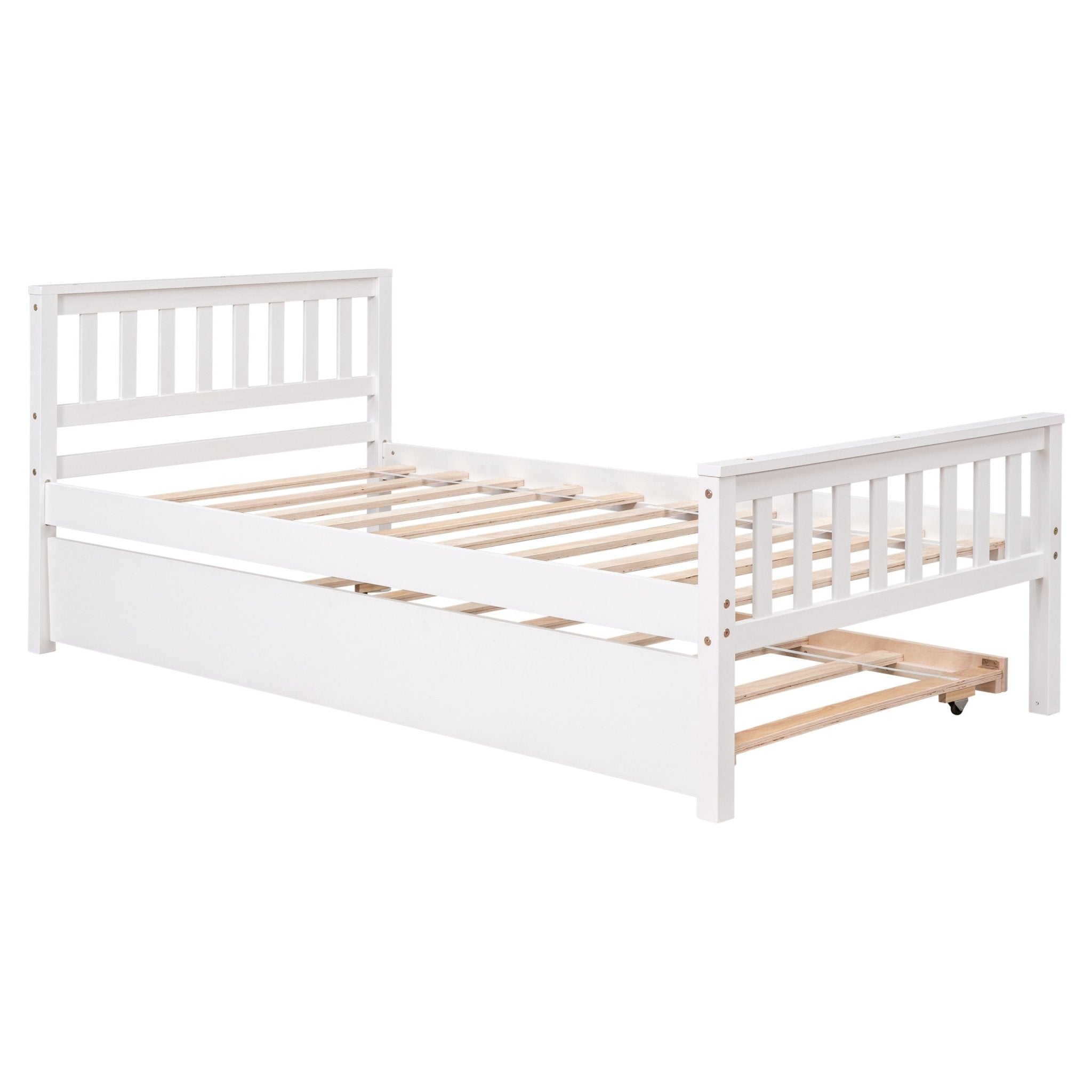 Bellemave® Twin Platform Bed with Pull - Out Trundle | Solid Rubber Wood, Slatted Headboard - Bellemave