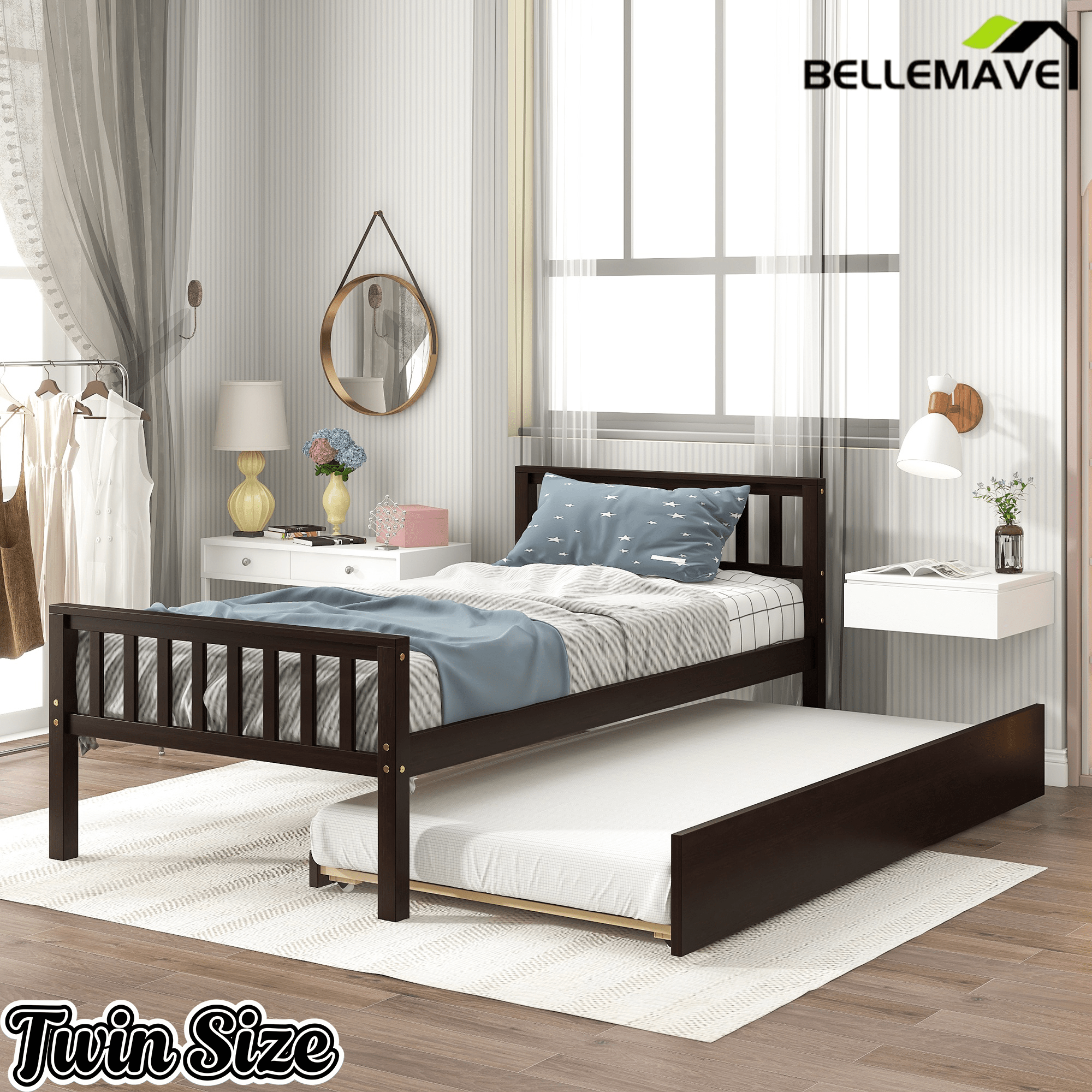 Bellemave® Twin Platform Bed with Pull - Out Trundle | Solid Rubber Wood, Slatted Headboard - Bellemave