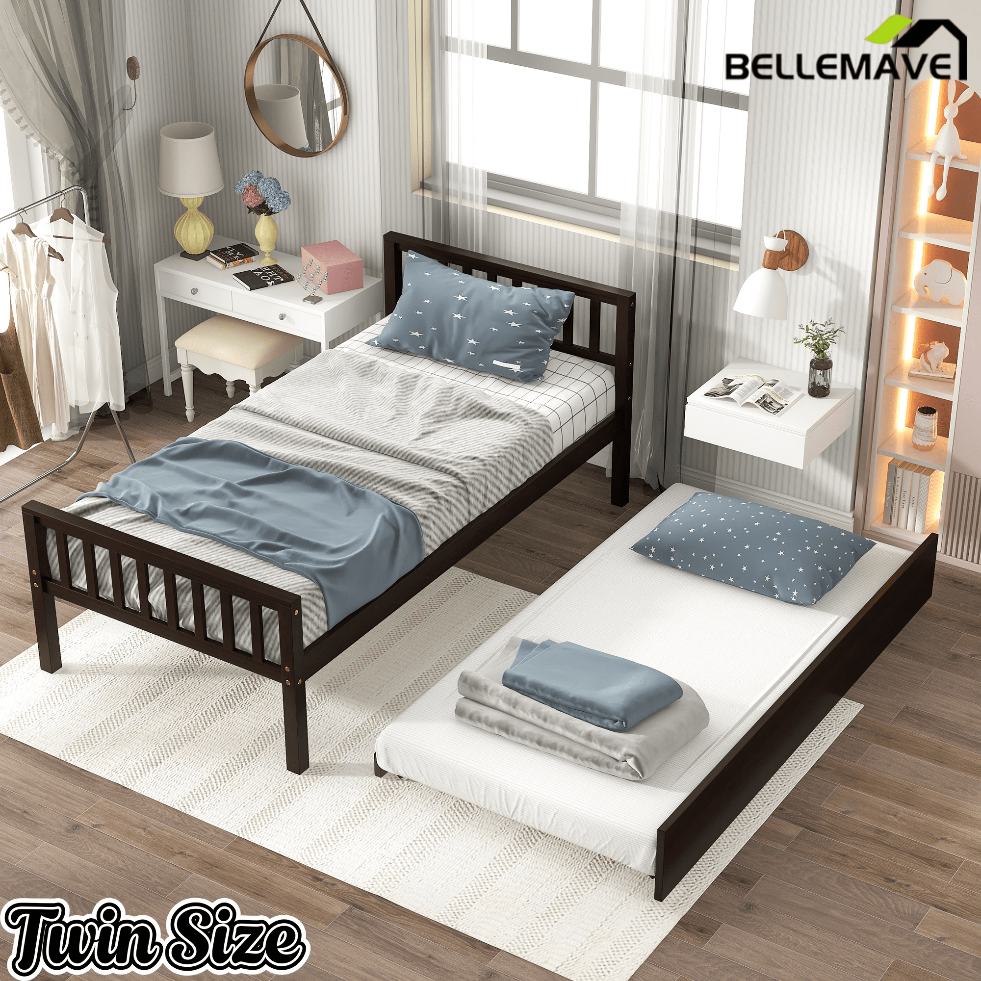 Bellemave® Twin Platform Bed with Pull - Out Trundle | Solid Rubber Wood, Slatted Headboard - Bellemave
