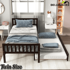 Bellemave® Twin Platform Bed with Pull - Out Trundle | Solid Rubber Wood, Slatted Headboard - Bellemave