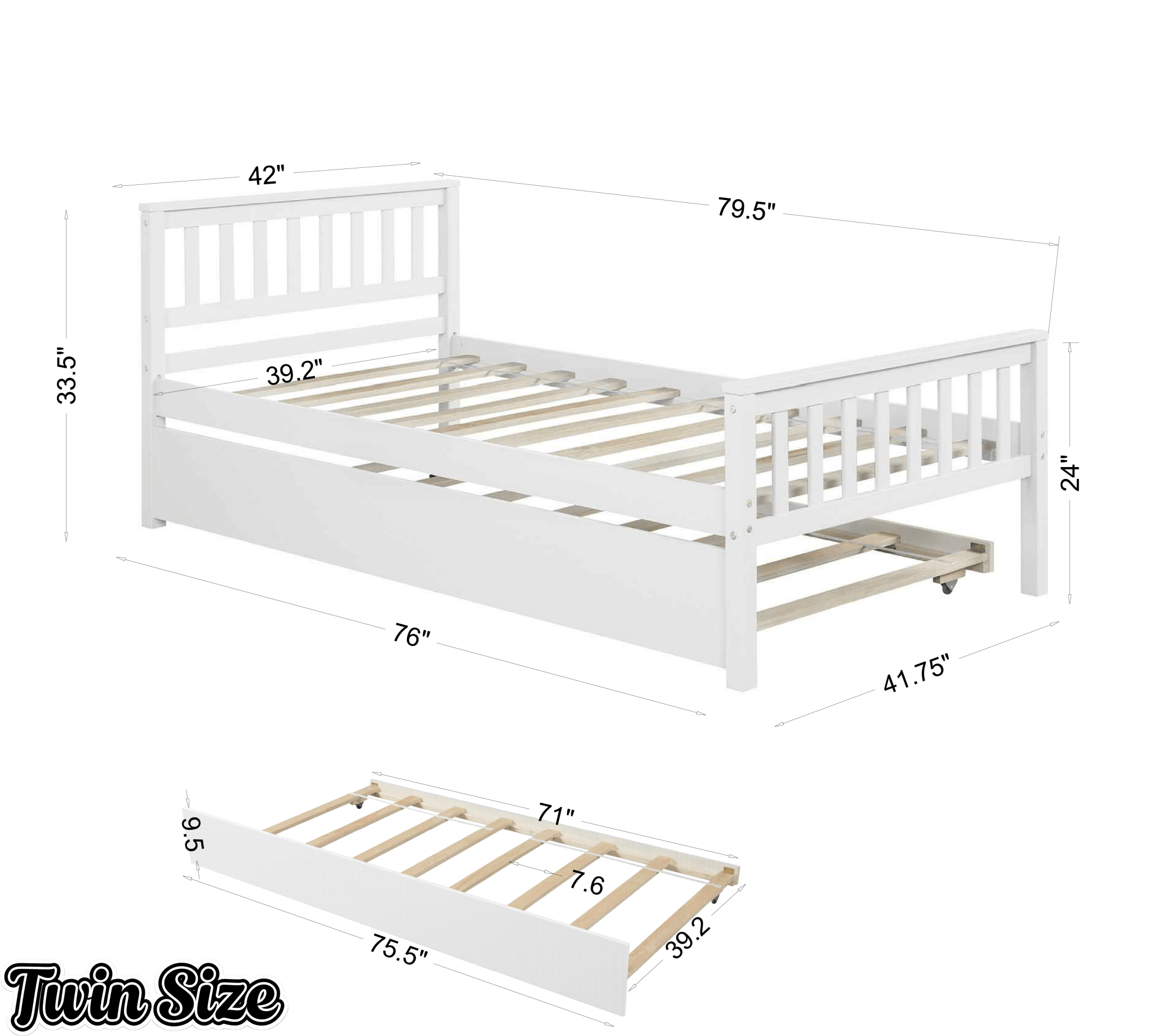 Bellemave® Twin Platform Bed with Pull - Out Trundle | Solid Rubber Wood, Slatted Headboard - Bellemave