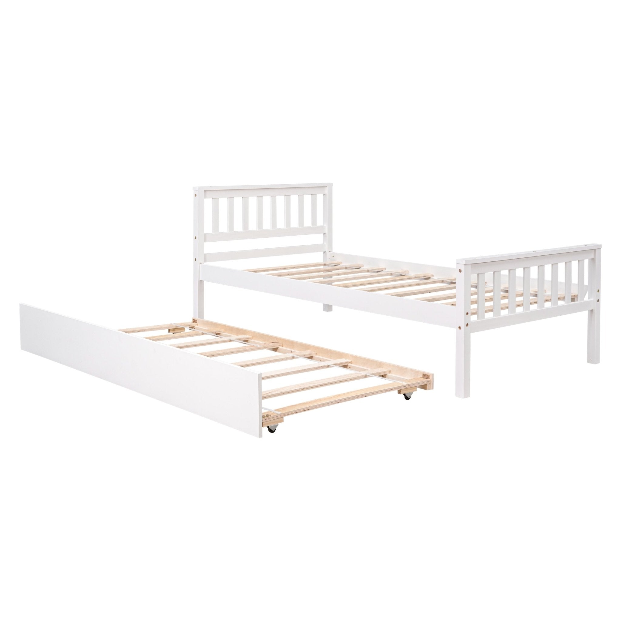 Bellemave® Twin Platform Bed with Pull - Out Trundle | Solid Rubber Wood, Slatted Headboard - Bellemave