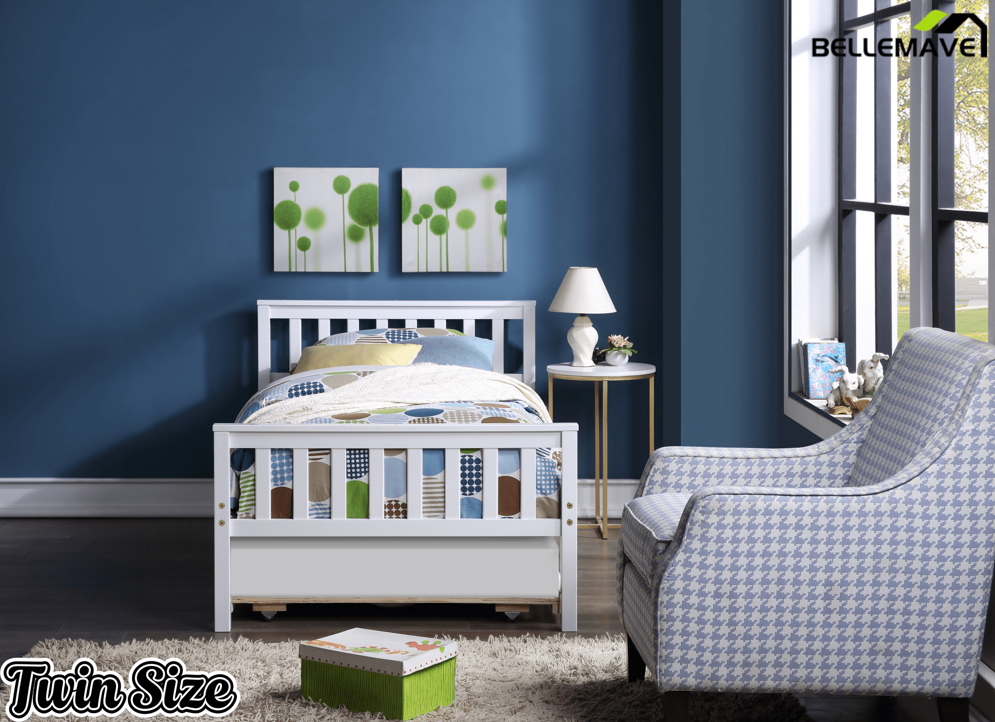 Bellemave® Twin Platform Bed with Pull - Out Trundle | Solid Rubber Wood, Slatted Headboard - Bellemave