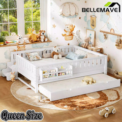 Bellemave® Twin Platform Bed with Trundle and Stairs, Solid Wood Kids Bed Frame with Guardrail & Bookshelf - Bellemave
