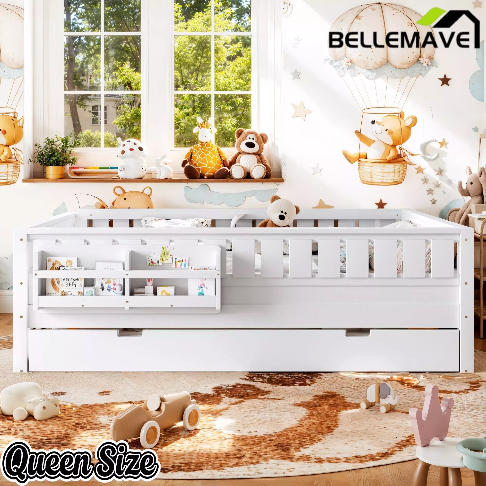Bellemave® Twin Platform Bed with Trundle and Stairs, Solid Wood Kids Bed Frame with Guardrail & Bookshelf - Bellemave