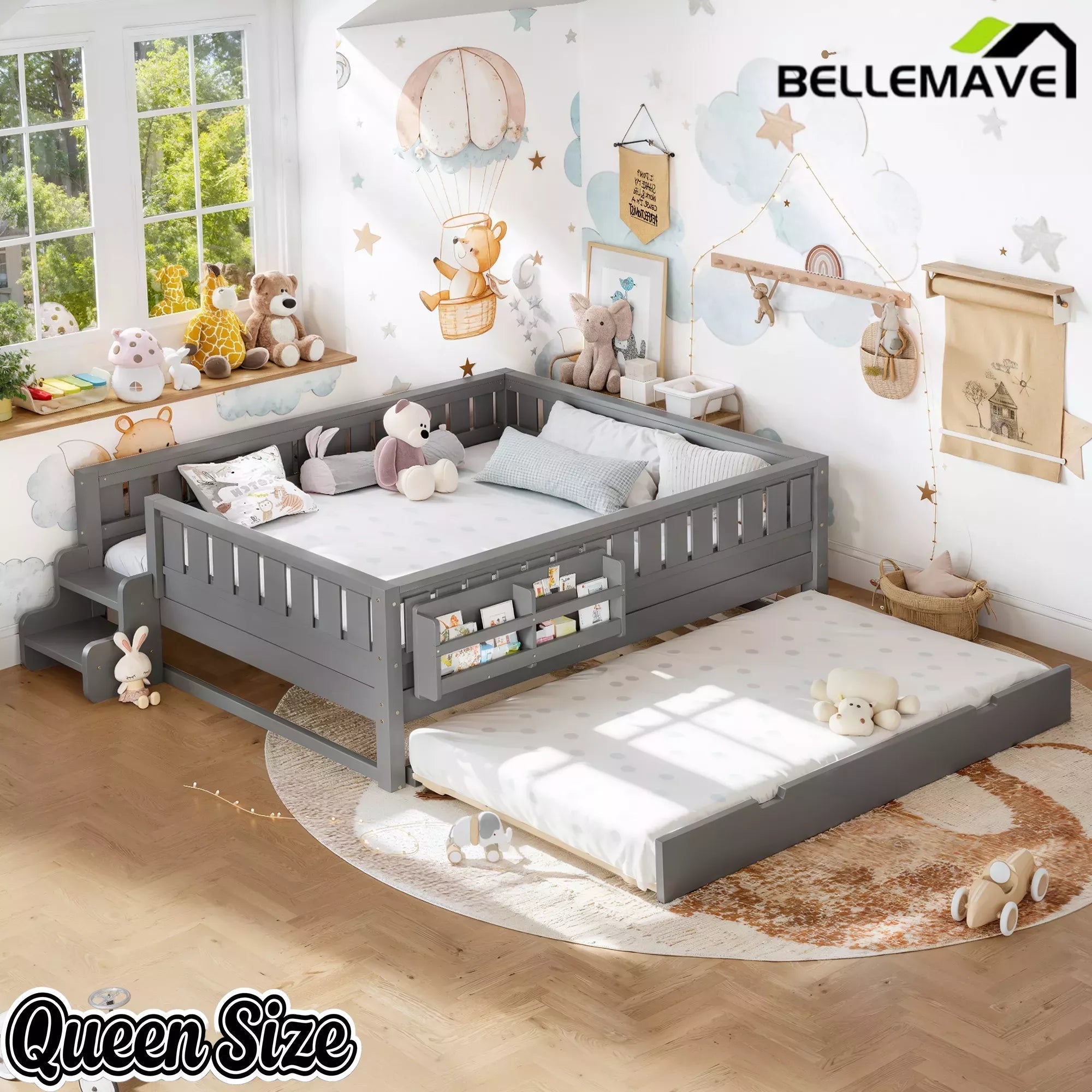 Bellemave® Twin Platform Bed with Trundle and Stairs, Solid Wood Kids Bed Frame with Guardrail & Bookshelf - Bellemave