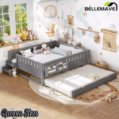 Bellemave® Twin Platform Bed with Trundle and Stairs, Solid Wood Kids Bed Frame with Guardrail & Bookshelf - Bellemave