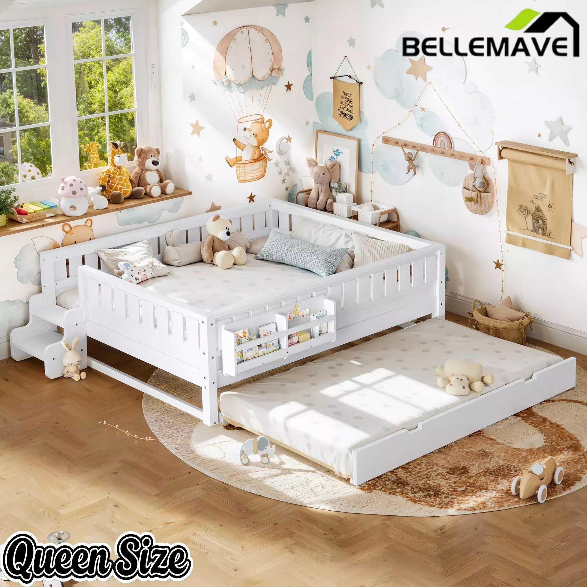 Bellemave® Twin Platform Bed with Trundle and Stairs, Solid Wood Kids Bed Frame with Guardrail & Bookshelf - Bellemave