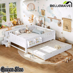 Bellemave® Twin Platform Bed with Trundle and Stairs, Solid Wood Kids Bed Frame with Guardrail & Bookshelf - Bellemave