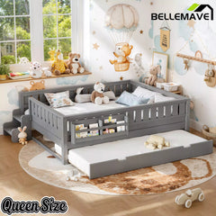 Bellemave® Twin Platform Bed with Trundle and Stairs, Solid Wood Kids Bed Frame with Guardrail & Bookshelf - Bellemave