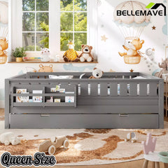 Bellemave® Twin Platform Bed with Trundle and Stairs, Solid Wood Kids Bed Frame with Guardrail & Bookshelf - Bellemave