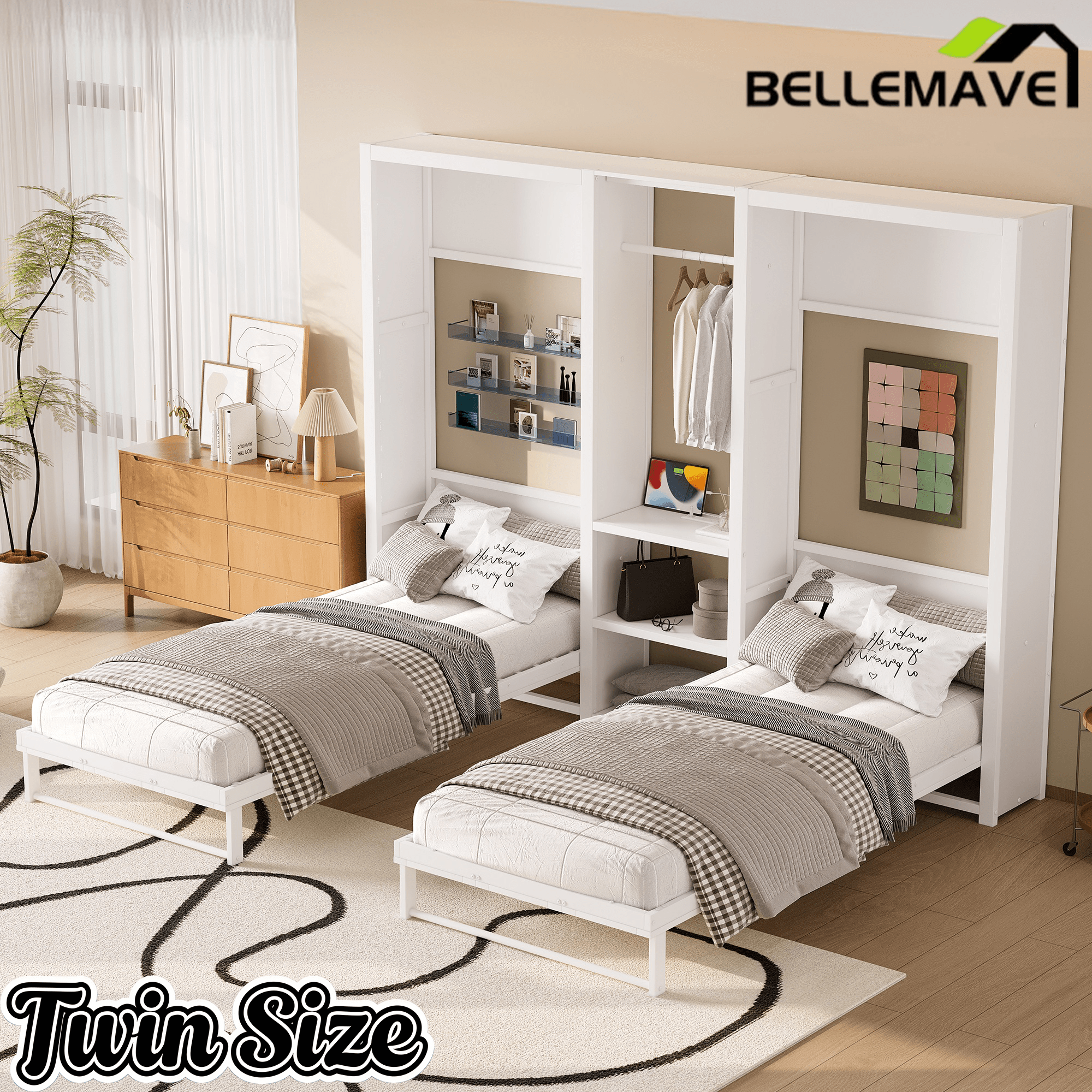 Bellemave® Twin Size 2 in 1 Design Metal Foldable Murphy Bed with Wardrobe, Shelves and Power Outlets, - Bellemave
