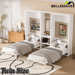 Bellemave® Twin Size 2 in 1 Design Metal Foldable Murphy Bed with Wardrobe, Shelves and Power Outlets, - Bellemave