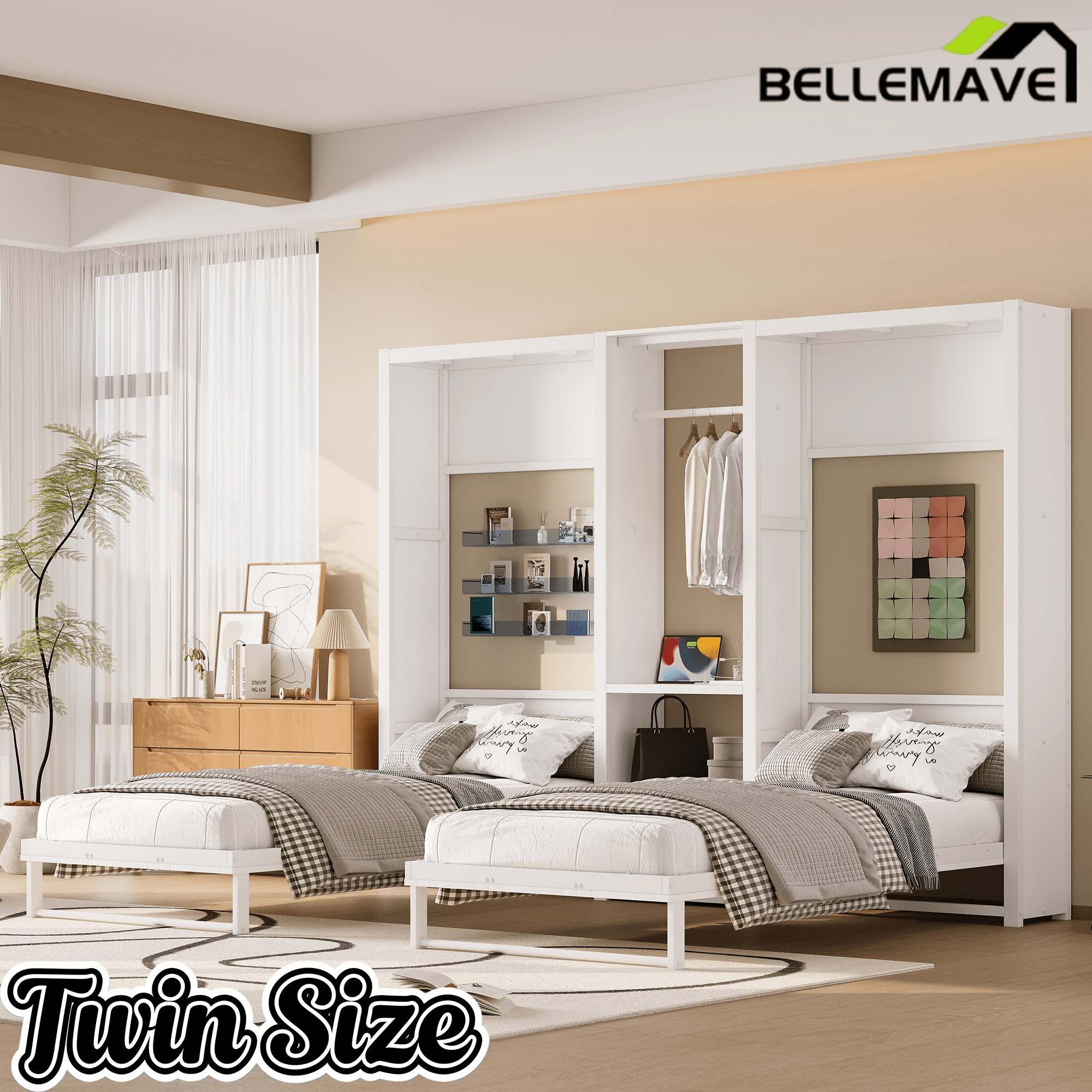 Bellemave® Twin Size 2 in 1 Design Metal Foldable Murphy Bed with Wardrobe, Shelves and Power Outlets, - Bellemave